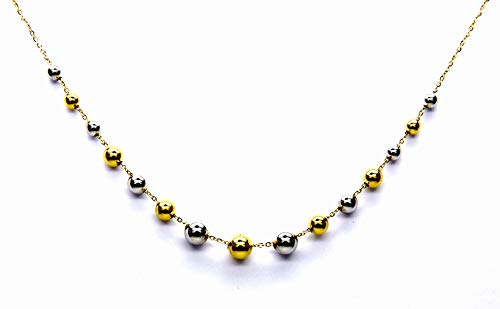 Collar de mujer de oro blanco y amarillo de 18 quilates (750), cadena de gargantilla con esferas bicolor a escalar