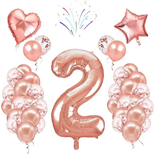 Decoración de globos de cumpleaños, número[2], 40 pulgadas, oro rosa, 24 globos de confeti de látex, fiesta de cumpleaños boda aniversario decoración conjunto