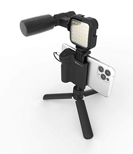 DigiPower DPS-VLG4 - Juego de 4 Accesorios de Vlogging con Mango para cámara, luz de vídeo LED, micrófono Universal y Mini trípode, Compatible con Smartphones