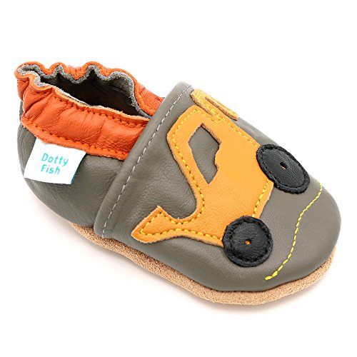 Dotty Fish Zapatos de Cuero Suave para bebés. Antideslizante. Excavadora Gris y Amarilla. 4-5 Años (28 EU)