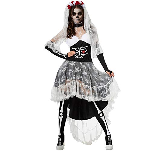 dressforfun 900416 - Disfraz de Mujer Novia Espeluznante, Vestido Mullet con Estampado de Esqueleto y de corazón (XL | No. 302008)