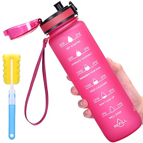 Favofit 1 Litro Botella de agua deportiva con marcador de tiempo motivacional, filtro de infusor de frutas y cepillo de limpieza, a prueba de fugas, plástico Tritan sin BPA, Rosa