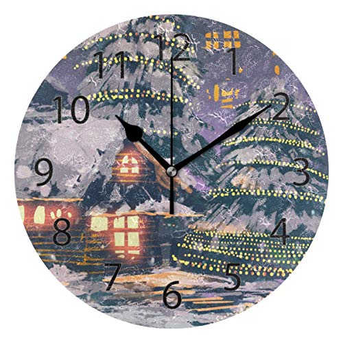 FETEAM Hogar Oficina Escuela Reloj de Pared Redondo sin tictac 9.84 ″ (Pintar árbol de Navidad Casa de Vacaciones de Invierno)