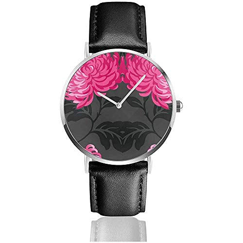 Flowers Black Hot Pink Fuschia Reloj para Hombre Hombre PU Leather Watch Slim Reloj de Pulsera Casual
