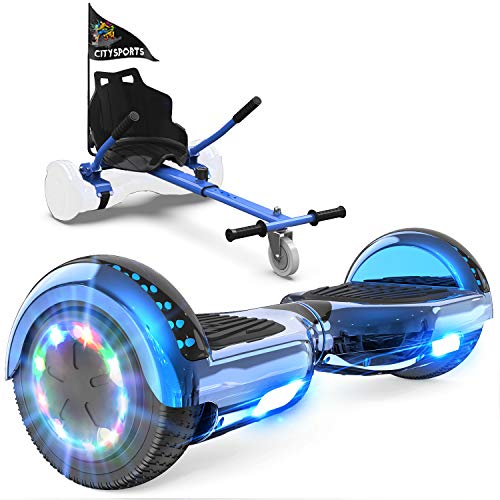 GeekMe Patinete Eléctrico Auto Equilibrio con Hoverkart, Hover Scooter Board, Balance Board + Go-Kart 6.5 Pulgadas con Bluetooth, Luces LED, Regalo para Niños, Adolescentes y Adultos (Blue)
