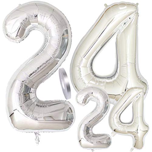 Globos Número 24 Cumpleaños Plata, Helio Globo de Papel Aluminio Gigante Número 24 en 2 Tamaños 40 "y 16" con Cinta | Set XXL 100cm + Mini 40cm | Cuatro Numeros | Ideal Decoración de Fiesta