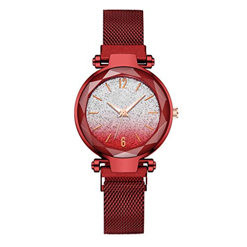 Gradiente de Malla imán con Las Damas Reloj Luminoso del Reloj del Hierro Escala número Romano Sencilla (Color : Red)