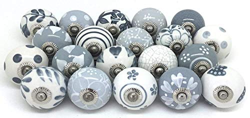 Handicraft India - Lote de 30 tiradores de cerámica para cajones, color gris y blanco (compra 2 unidades para entrega rápida)