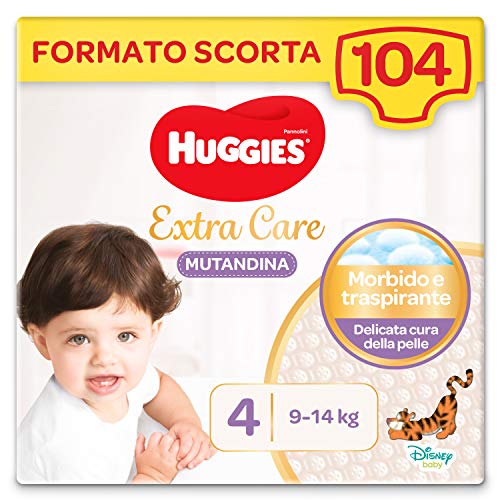 Huggies Extra Care - Pañal talla 4 (7-14 kg), 4 paquetes de 26 pañales - 4280 gr