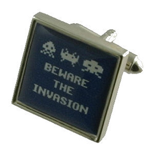 Invasión Space Invaders Gemelos para hombres Gemelos de plata de ley sólida 925 + caja de grabado mensaje, personalizable