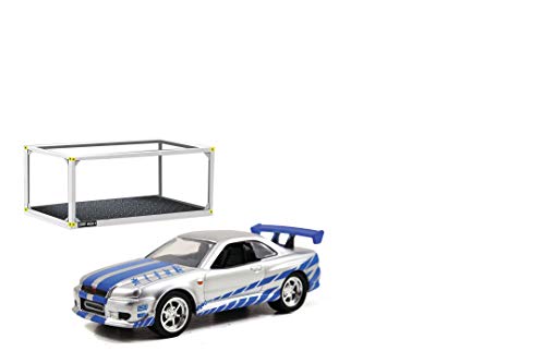 Jada Toys Fast & Furious 2002 Nissan Skyline GT-R R34 Build+Collect Die-Cast, Escala 1:55, Caja Coleccionable, Coche de coleccionista, Incluye Destornillador, Color Plateado (253202005)