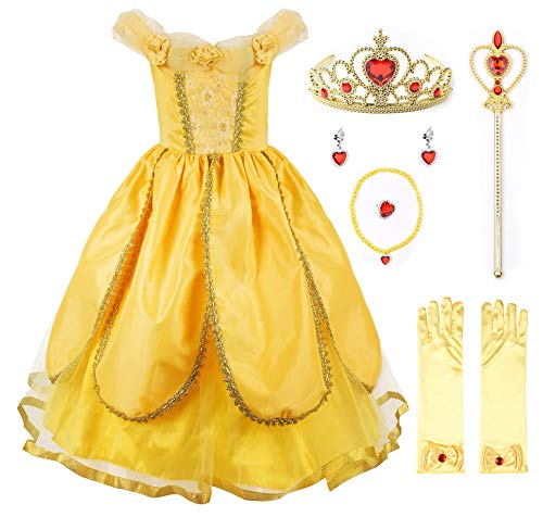 JerrisApparel Niña Princesa Belle Disfraz Tul Fiesta Trajes Vestido (8 años, Amarillo 1 con Accesorios)
