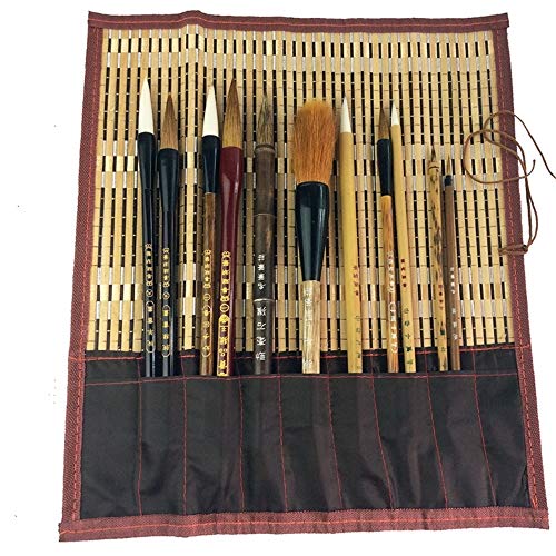 Juego de pinceles de caligrafía china para dibujo profesional Kanji japonés Sumi + soporte de bambú enrollable (11 piezas)