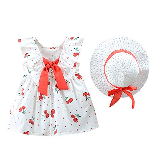 Julhold Bebé bebé niña linda frutas estampadas Princesa Casual vestido + sombrero, conjunto de ropa 0 – 3 años rojo 12-18 Meses