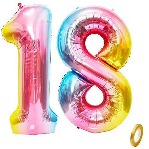 Jurxy Globos con números 18 de arco iris grandes globos de Mylar de 40 pulgadas, globos gigantes para decoraciones de fiesta de cumpleaños – Rainbow #18