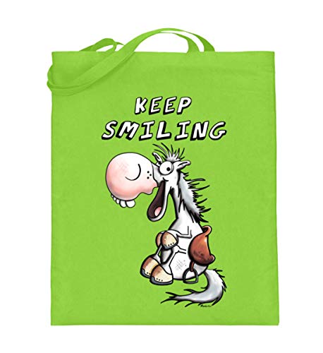 Keep Smiling - Bolsa de yute con asas largas (38-42 cm), diseño de caballo, color verde