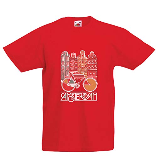 lepni.me Camiseta para Niño/Niña Bicicleta Vintage de la Ciudad de Ámsterdam, Holanda, Viajes de Vacaciones (7-8 Years Rojo Multicolor)