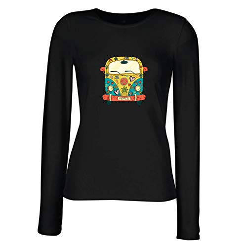 lepni.me Camisetas de Manga Larga para Mujer Años 60 70 Hippie Van, Flores, Amor, símbolo de Paz Libertad (X-Large Negro Multicolor)