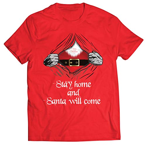 lepni.me Camisetas Hombre Quédese en Inicio Santa Claus vendrá en el 2020 Cuarentena Ropa de Navidad (Small Rojo Multicolor)
