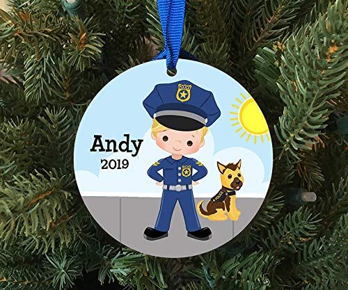 Lplpol Figura de niño policía con perro K9, adorno de recuerdo de 2020 | adorno redondo de porcelana de cerámica | colgante de recuerdo para árbol de Navidad | DLM220