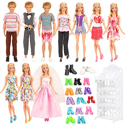 Miunana 23 Accesorios para Niñas Dolls Y Ninos Dolls Muñecas : 4 Ropas + 3 Vestidos + 10 Zapatos para Muñecas Ninas + 3 Ropas para Niños Muñecas + Zapatero
