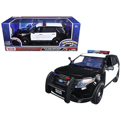 Motormax 2015 Ford Police Interceptor Utility Black and White with Flashing Light Bar, Front and Rear Lights and 2 Sounds 1/18 Diecast Model Car by