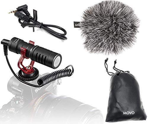 Movo VXR10 Micrófono de Condensador cardioide, Micro Shotgun Externo para cámara DSLR, móvil, GoPro, con Pantalla antiviento, Amortiguador y Funda
