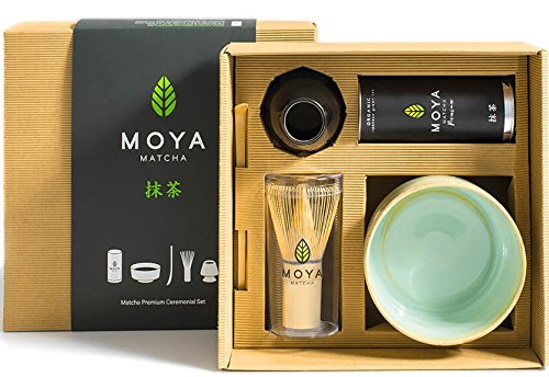Moya Matcha Té Verde Orgánico Japonés En Polvo Set | 30g Prima Grado (I) Pack + Cuenco + Batidor + Titular + Cuchara | Regalo Completar Preparación Equipo Set