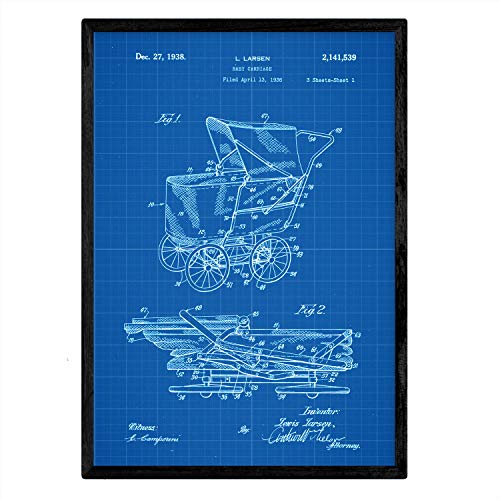 Nacnic Poster con patente de Carrito bebe sentado. Lámina con diseño de patente antigua en tamaño A3 y con fondo azul