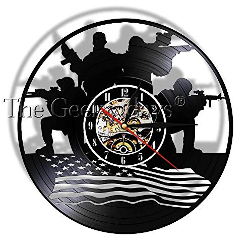 N/Y Reloj de decoración de Arte de Pared Militar con diseño patriótico Soldados con Bandera Americana Reloj de Pared con Registro de Vinilo Regalo para Soldados Veteranos