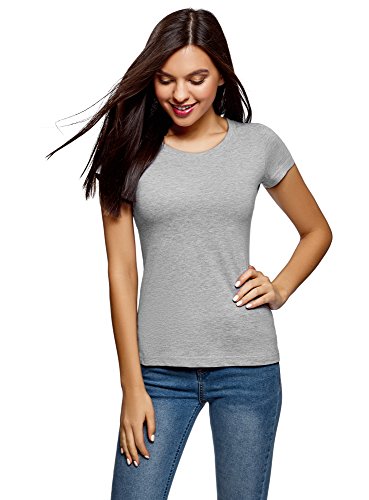 oodji Ultra Mujer Camiseta Básica de Algodón, Gris, ES 36 / XS
