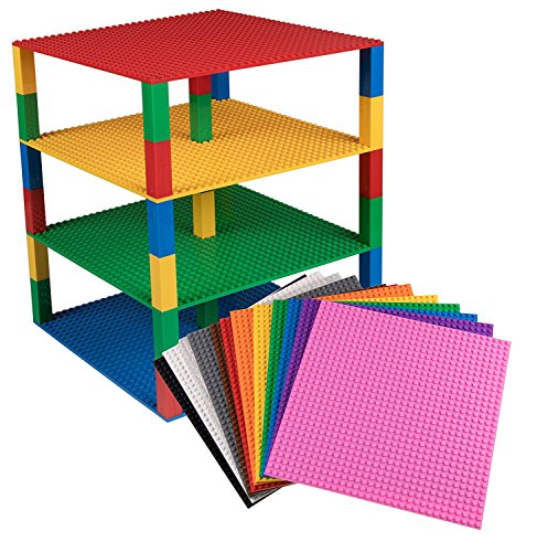 Pack de 12 bases apilables con 80 ladrillos separadores 2x2 - Construcción en forma de torre - Compatible con todas las marcas - Azul, verde, gris, negro, marrón, naranja, rosa y otros - 25,4x25,4 cm