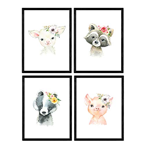 Pack de Cuatro láminas con Ilustraciones de Animales. Posters con imágenes Infantiles de Animales. Cerdo Mapache Cabra y Mofeta. Tamaño A4 sin Marco