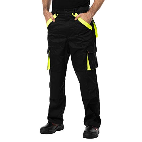 Pantalones de Trabajo para Hombre, Made in EU, Refuerzo y Acolchado en Las Rodillas, Pantalones Cargo (XL, Negro/Reflectante)