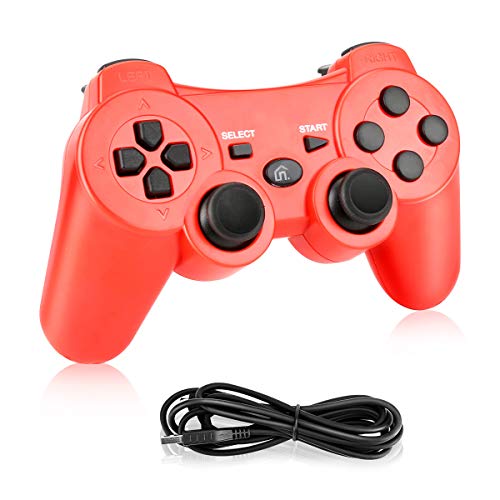 Powcan Mando Inalámbrico PS3, Bluetooth PS3 Gamepad Controller Doble vibración Mando a Distancia Joystick para Playstation 3 y PC Windows 7/8/9/10 con Cable de Carga USB (Rojo 1)