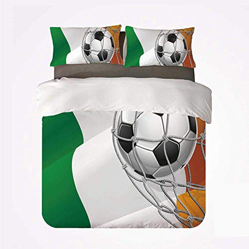 Qoqon Juego de Funda nórdica Juego de 3 Camas irlandesas duraderas, balón de fútbol con Tema Deportivo en un GOL Neto con la Victoria de la Bandera Nacional de Irlanda Victoria para Interiores