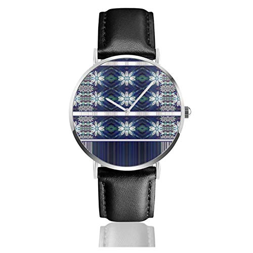 Reloj clásico, estilo rústico margaritas sobre azul patrón correa de cuero negro muñeca casual relojes