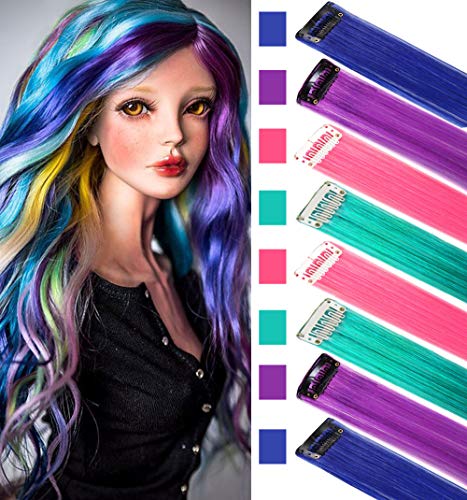 Rhyme Peluca postizos para niños Extensiones de cabello de colores Clip in/on para niñas y muñecas hiar Accessories Wig Pieces 8 piezas (Rosa púrpura verde azulado)