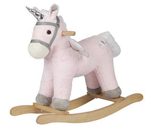 ROCK MY BABY Caballo balancín infantil de madera, peluche, unicornio, color rosa, columpio, juguete para bebés y niños pequeños a partir de 18 meses