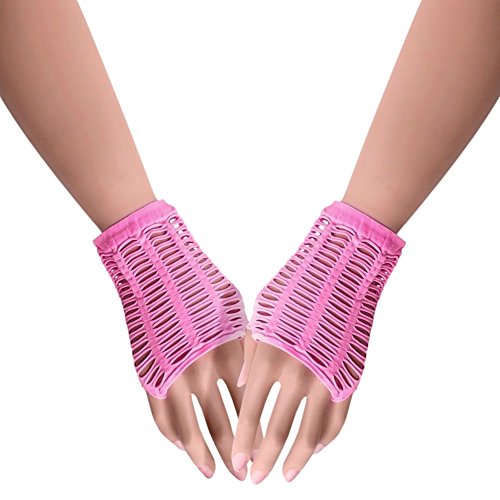 SAMFE-UC Guantes sin dedos con red rasgada de longitud de muñeca Rosa hot pink Talla única