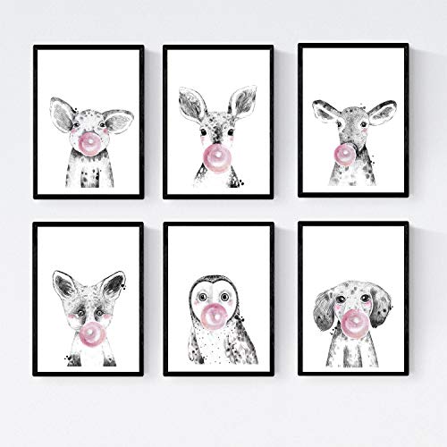 Set 6 posters animales bebes con chicle. Cerdo Ciervo Vaca Zorro Buho Perro.Tamaño A4