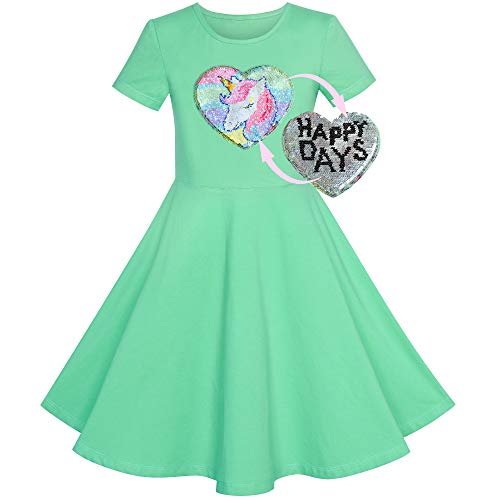 Vestido para niña Algodón Verde Unicornio Lentejuela Manga Corta Casual 5 años