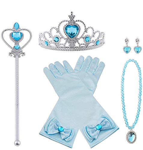 Vicloon Princesa Vestir Accesorios, 7 Pcs Azul Elsa Princesa Accesorios de Disfraces, Regalo Conjunto de Belleza - Corona Anillo Sceptre Collar Pendientes Guantes para Niña
