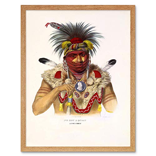 Wee Blue Coo Painting Draw Portrait Native American Chief Fox Feather Fur Dian Art Print Framed Poster Wall Decor 12X16 Inch