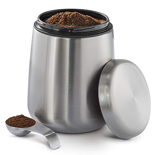 Xavax Bote para café molido o en granos, recipiente hermético para conservar el aroma, bote de almacenamiento de acero inoxidable plateado y cuchara medidora, 1,8 L