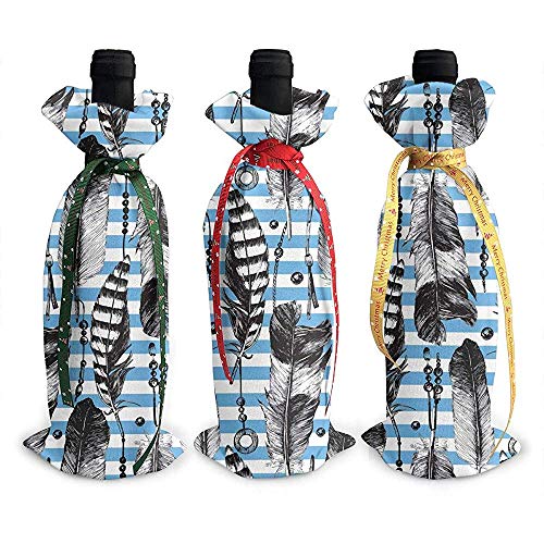 Xmas Wine Bottle Bag,Coque Feathers Mini Blue Plaid 3Pcs Regalo De Navidad Bolsas De Botellas De Vino Para La Decoración De Año Nuevo