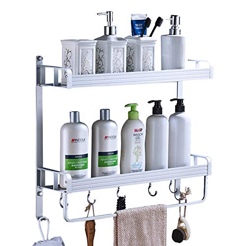 Yeegout adhesivo estanteria ducha con barra de toalla y ganchos, aluminio Espesamiento estanteria baño sin taladro montado en la pared estante para baño para cocina (2 nivel)