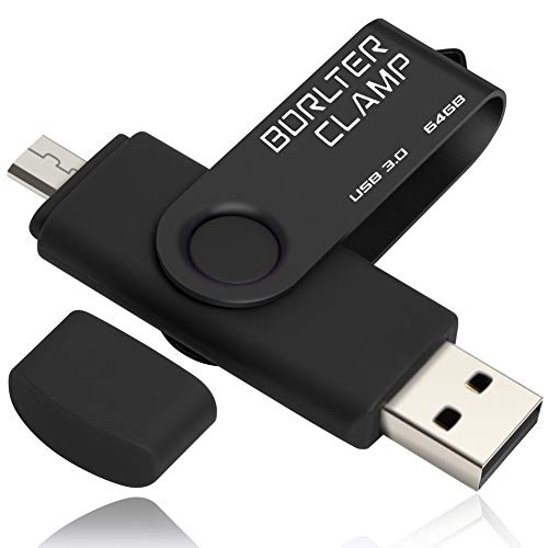 64GB Memoria USB, BorlterClamp Unidad Flash USB de Puerto Doble (USB 3.0 y Puerto Micro USB), OTG Memory Stick Pendrive para Smartphones, Tabletas y Computadoras (Negro)