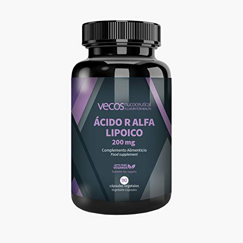 Ácido R alfa Lipoico Vecos 200 mg - Potente antioxidante en forma R que combate los radicales libres y mantiene niveles de azucar en sangre. 90 cápsulas Vegetales -APTO VEGANOS