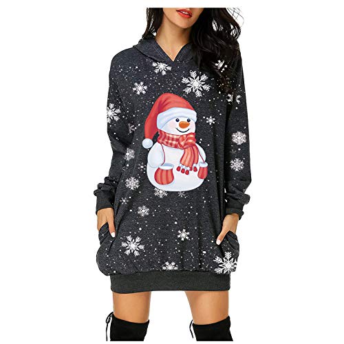 AILIEE Vestido de manga larga con capucha para mujer, con bolsillos, estampado de manga larga, para otoño e invierno, diseño de muñeco de nieve #2 Gris S